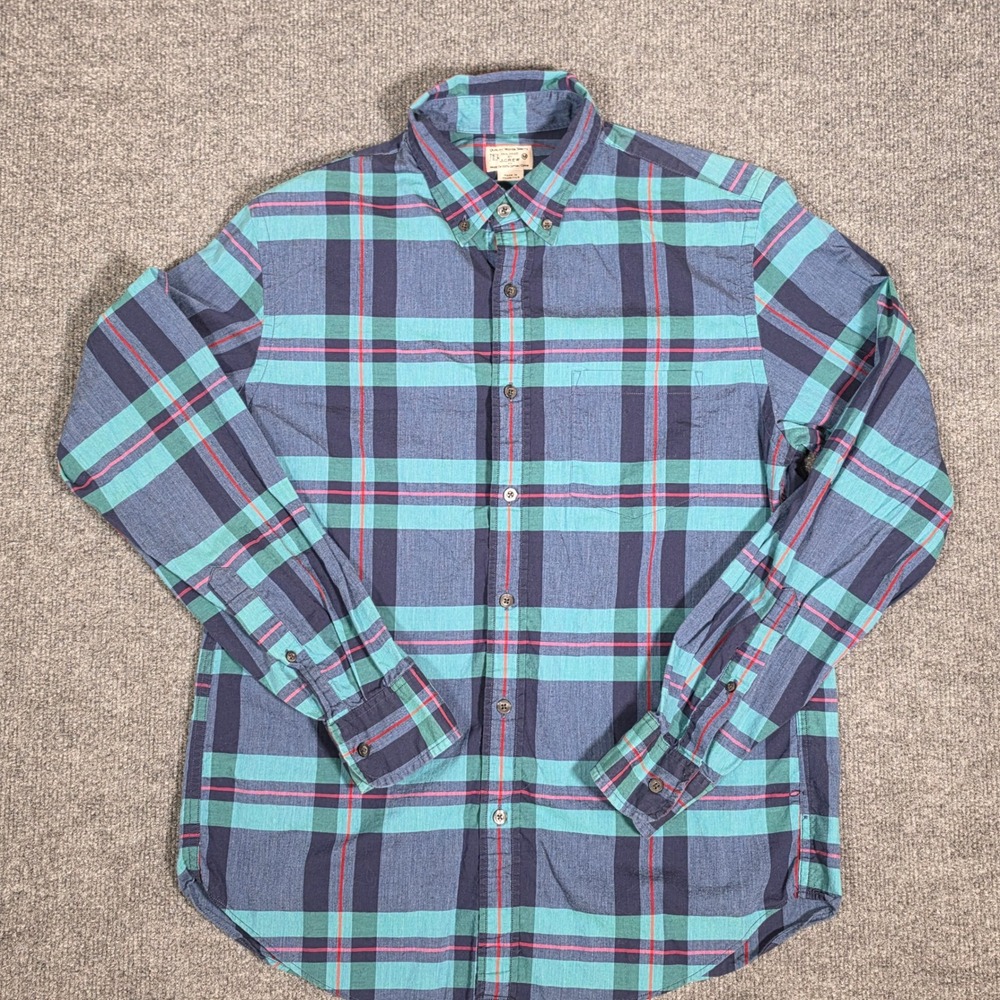 J.Crew‎ Mens Medium Plaid Button Down Shirt Blue Teal Cotton Tailored Fit LS